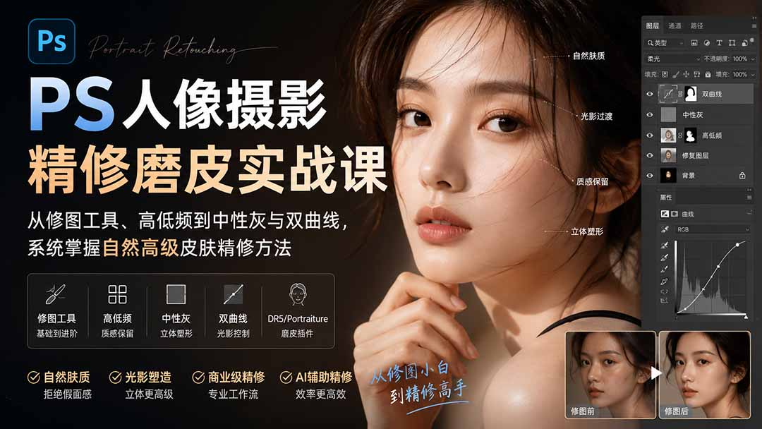 560cc8c5bff55337aa589f5cf94af8d9.jpeg PS人像摄影精修磨皮实战课:从修图工具、高低频到中性灰与双曲线,系统掌握自然高级皮肤精修方法