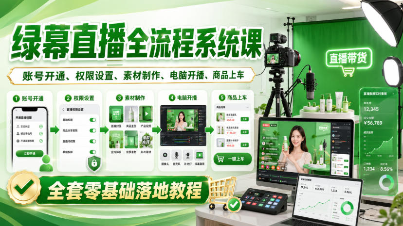5675625728d22a92b19947e7ffaea878.jpeg 绿幕直播全流程系统课,账号开通、权限设置、素材制作、电脑开播、商品上车全套零基础落地教程