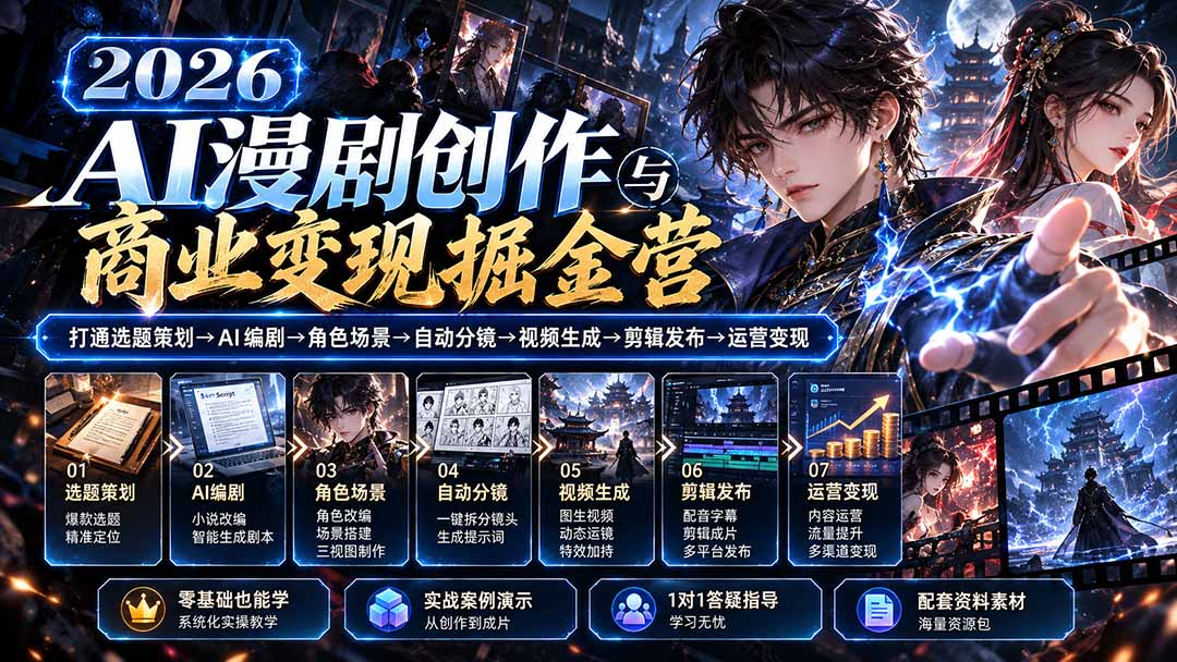 56a14d4208e1f765f93a416799a55452.jpeg 【无水印】2026AI漫剧创作与商业变现掘金营:打通选题→AI编剧→角色场景→自动分镜→视频生成→剪辑发布→运营变现