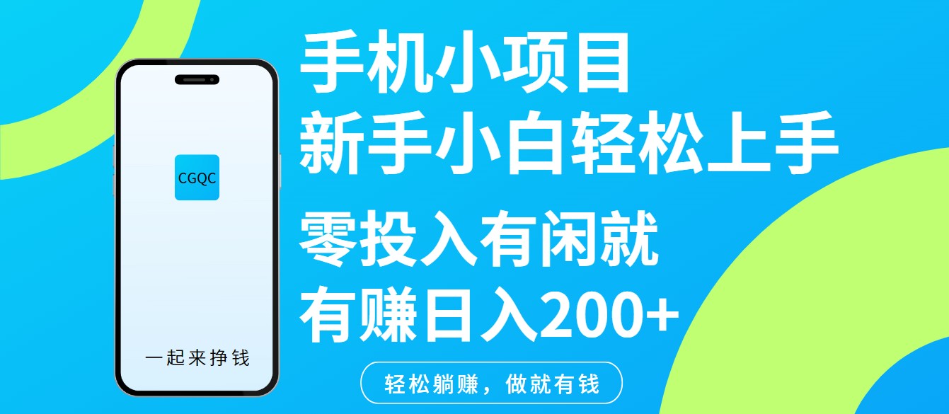 手机小项目新手小白轻松上手零投入有闲就有赚日入200+-鼎铸网
