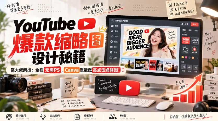 YouTube爆款缩略图设计秘籍，某油管大佬(610万订阅者)亲授，全程无需PS，Canva就能做高点击缩略图！【原创双语字幕】-鼎铸网