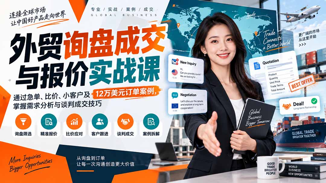 572e6e9edb192021c699765361c2cbf0.jpeg 外贸询盘成交与报价实战课:通过急单、比价、小客户及12万美元订单案例,掌握需求分析与谈判成交技巧