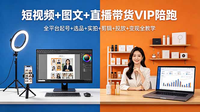 短视频+图文+直播带货VIP陪跑,全平台起号+选品+实拍+剪辑+投放+变现全教学-鼎铸网