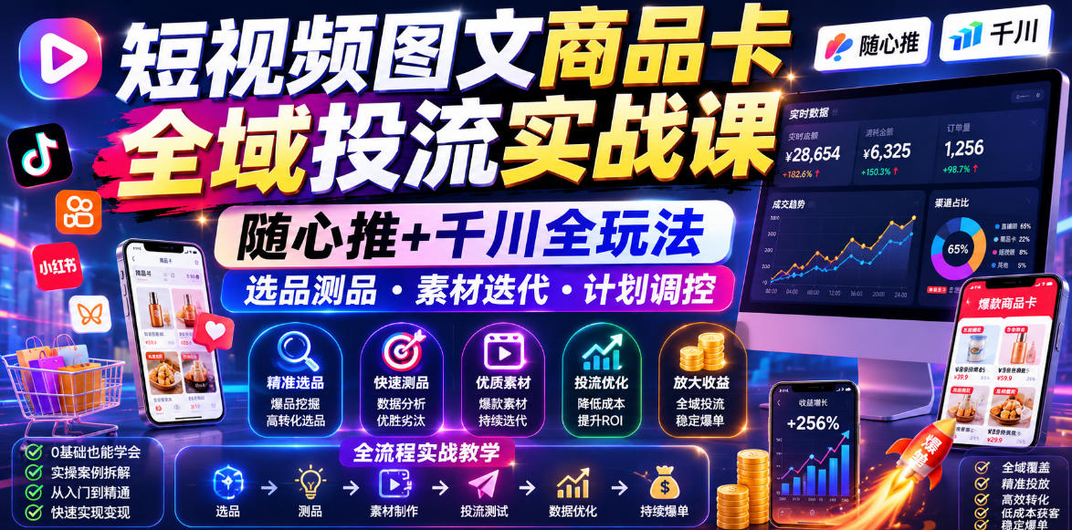 短视频图文商品卡全域投流实战课，随心推+千川全玩法，选品测品・素材迭代・计划调控，提升ROI爆单增收教程-鼎铸网
