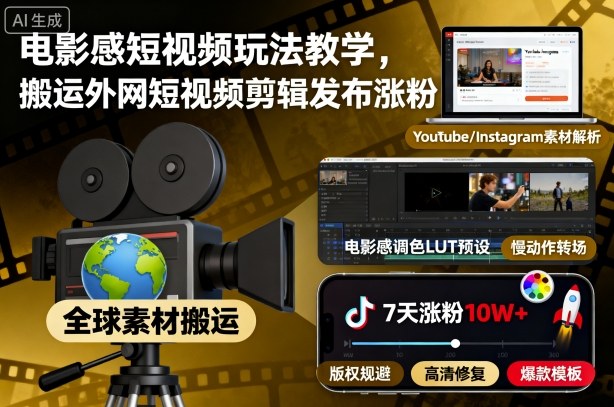 电影感短视频玩法教学，搬运外网短视频剪辑发布涨粉-鼎铸网