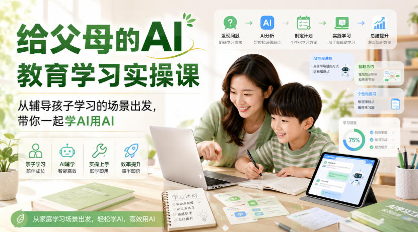 5808b262e1b7000f6827492f7e00e08b.jpeg 给父母的AI教育学习实操课,从辅导孩子学习的场景出发,带你一起学AI用AI