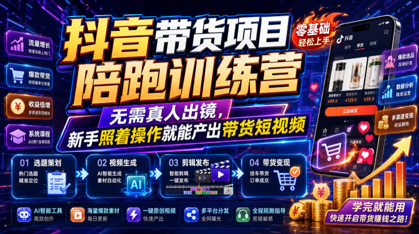 抖音带货项目陪跑训练营，无需真人出镜，新手照着操作就能产出带货短视频-鼎铸网