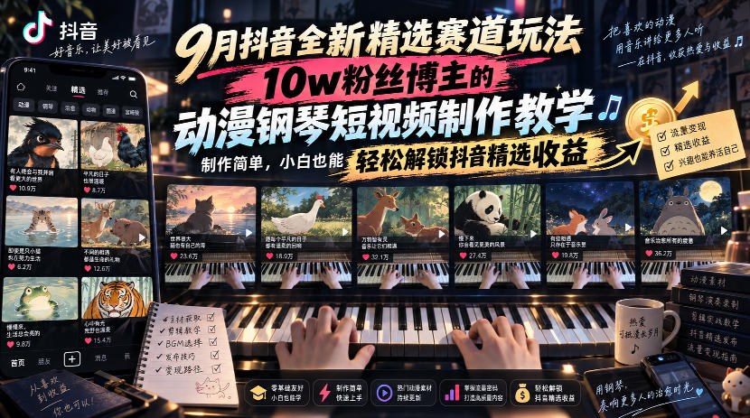 5944a850a5eb105c5268982e72ff0599.jpeg 9月抖音全新精选赛道玩法,10w粉丝博主的动漫钢琴短视频制作教学,制作简单,小白也能轻松解锁抖音精选收益