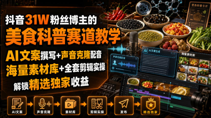 595efc747cb309251f3d336b1a4e7c22.jpeg 抖音31W粉丝博主的美食科普赛道教学,AI文案撰写+声音克隆配音+剪辑实操,解锁精选独家收益