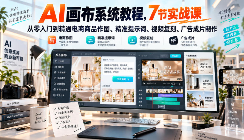 AI画布系统教程，7节实战课从零入门到精通电商商品作图、精准提示词、视频复刻、广告成片制作-鼎铸网
