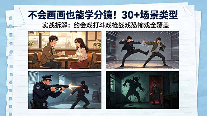 不会画画也能学分镜!30+场景类型实战拆解:约会戏打斗戏枪战戏恐怖戏全覆盖-鼎铸网