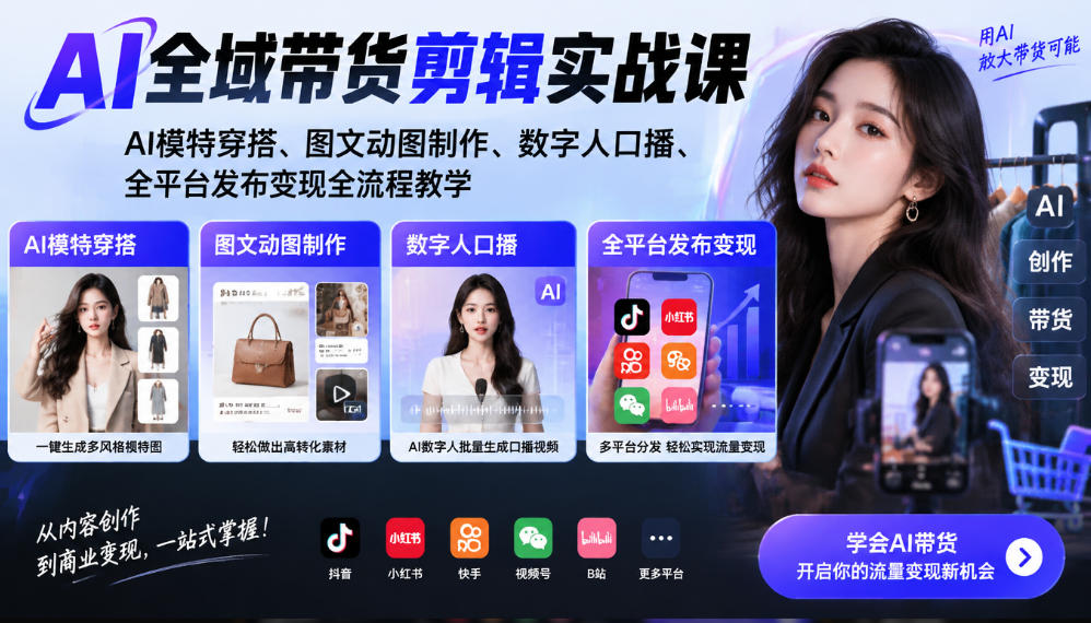AI全域带货剪辑实战课|AI模特穿搭、图文动图制作、数字人口播、全平台发布变现全流程教学-鼎铸网