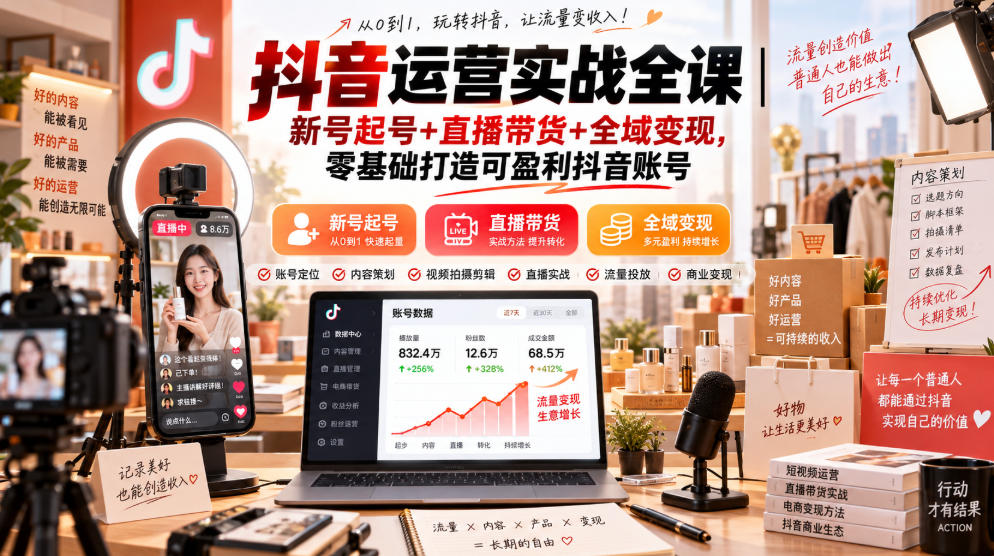 抖音运营实战全课｜新号起号+直播带货+全域变现，零基础打造可盈利抖音账号-鼎铸网