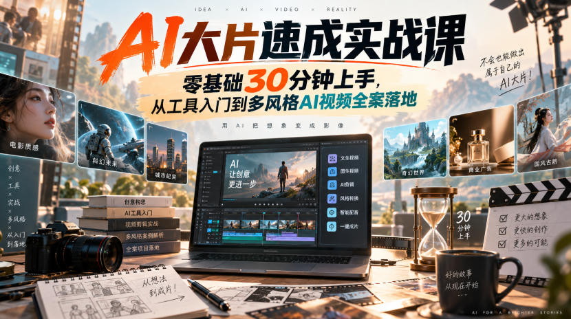 5a442c1e1b7818edfcdd684f2aea657f.jpeg AI大片速成实战课|零基础30分钟上手,从工具入门到多风格AI视频全案落地