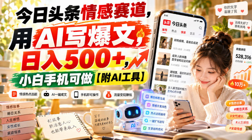 今日头条情感赛道，用AI写爆文，日入500+，小白手机可做【附AI工具】-鼎铸网