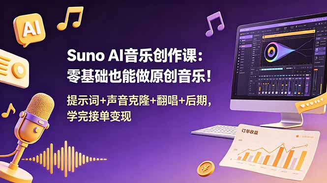 5abfe2fec1074adfd9e6bbaf154faf3e.jpeg Suno AI音乐创作课:零基础也能做原创音乐!提示词+声音克隆+翻唱+后期,学完接单变现