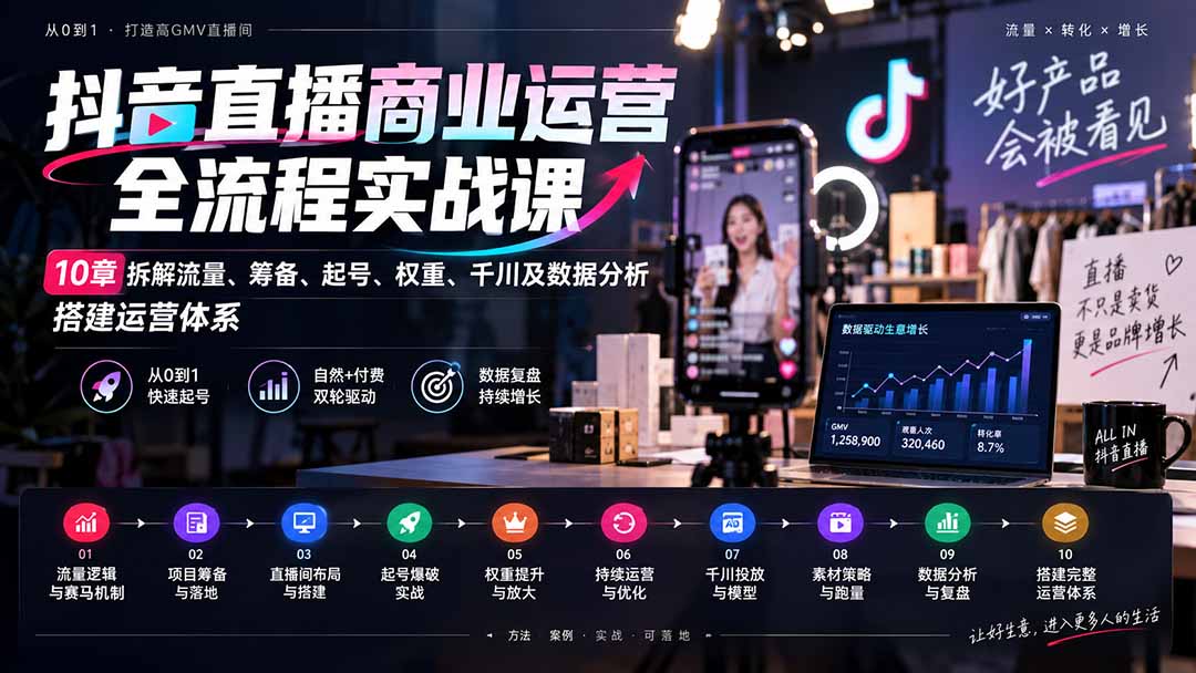 5ac3e5a5a2ecbd0c4990f0380b37783b.jpeg 抖音直播商业运营全流程实战课:10章拆解流量、筹备、起号、权重、千川及数据分析,搭建运营体系