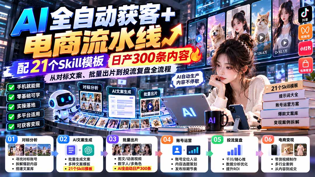 【无水印】AI全自动获客+电商流水线：配21个Skill模板，日产300条内容，从对标文案、批量出片到投流复盘全流程-鼎铸网