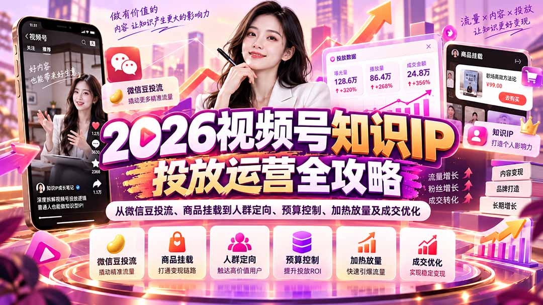 5b0633a3b2be3b6d3e8dee774bd2b0e3.jpeg 2026视频号知识IP投放运营全攻略:从微信豆投流、商品挂载到人群定向、预算控制、加热放量及成交优化