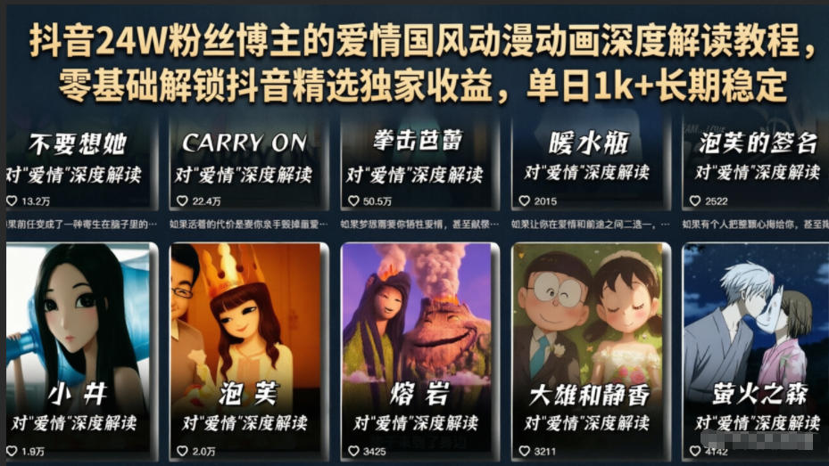 5b258e98554b4fb74f2cf78a12f7ab5e.jpeg 抖音24W粉丝博主的爱情国风动漫动画深度解读教程,零基础解锁抖音精选独家收益,单日1k+长期稳定