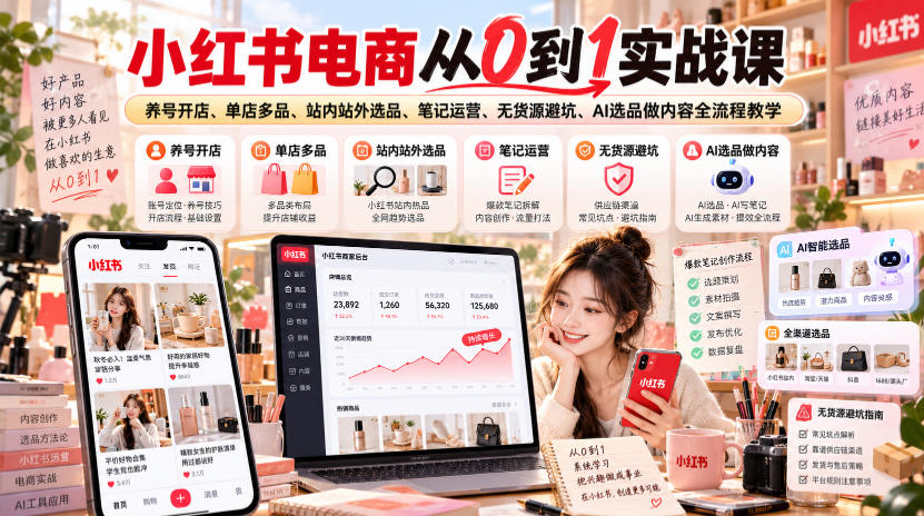 小红书电商从0到1实战课|养号开店、单店多品、站内站外选品、笔记运营、无货源避坑、AI选品做内容全流程教学-鼎铸网