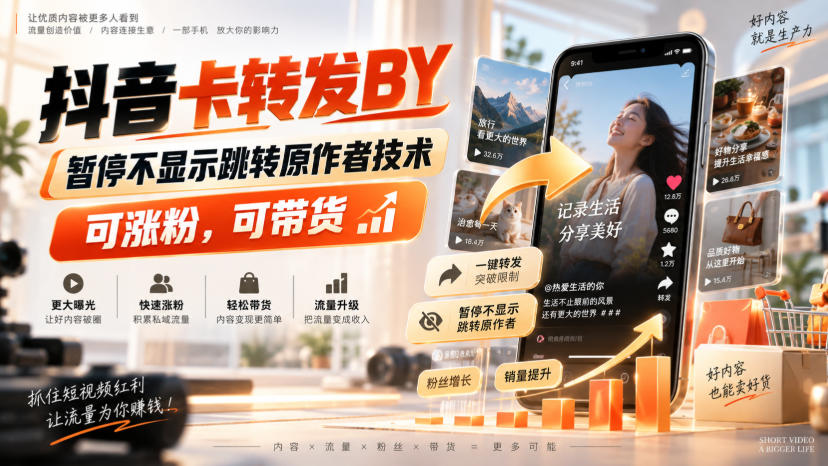 抖音卡转发搬运，暂停不显示跳转原作者技术，可涨粉，可带货-鼎铸网