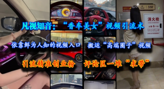 凡视知音:“香车美女”视频引流术,依靠鲜为人知的视频入口,搬运“高端圈子”视频,引流精准创业粉,评论区一堆“求带”-鼎铸网