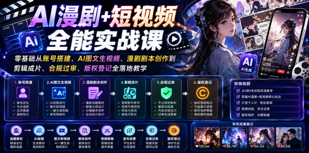 5cde00ccaa4d9961e3fb12a0ea14d198.jpeg AI漫剧+短视频全能实战课|零基础从账号搭建、AI图文生视频、漫剧剧本创作到剪辑成片、合规过审、版权登记全落地教学