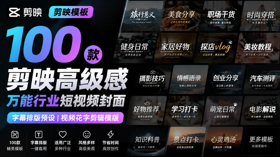 【剪映模板】100款剪映高级感万能行业短视频封面字幕排版预设视频花字剪辑模版-鼎铸网