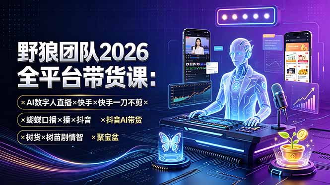 5e7ec860641c653b28935a0a32c02909.jpeg 野狼团队2026全平台带货课-7月:AI数字人直播×快手一刀不剪×蝴蝶口播×抖音AI带货×树苗剧情智剪×聚宝盆