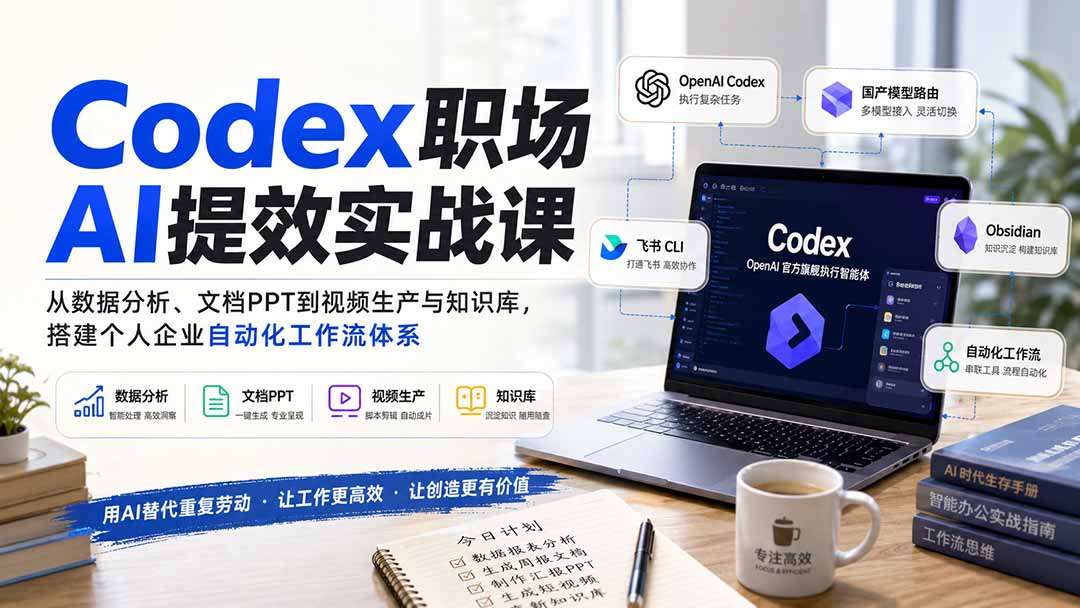 Codex职场AI提效实战课：从数据分析、文档PPT到视频生产与知识库，搭建个人企业自动化工作流体系-鼎铸网