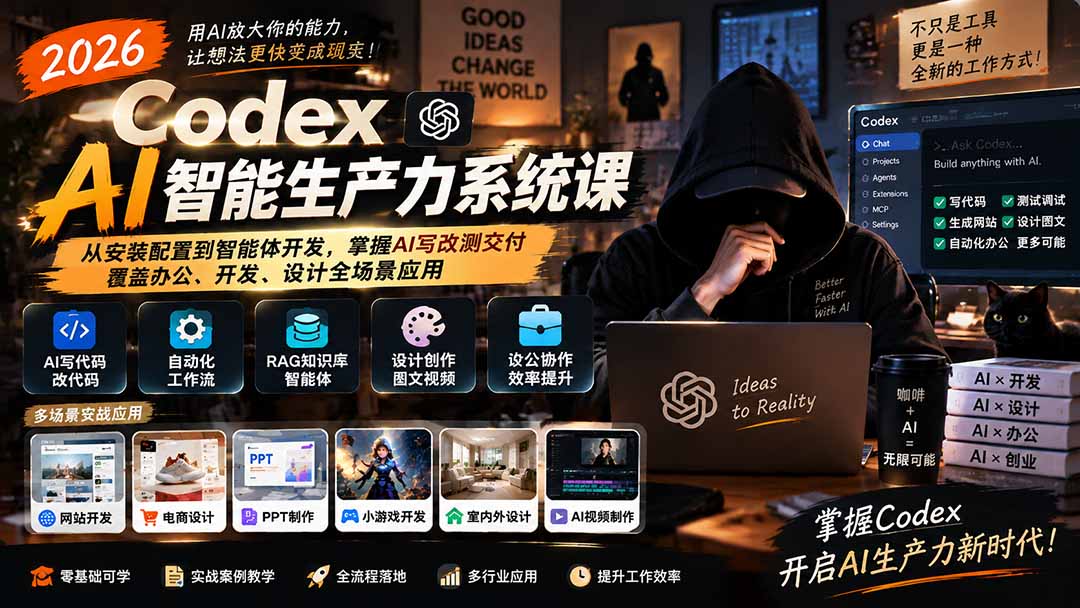 2026 Codex AI智能生产力系统课-更新|从安装配置到智能体开发,掌握AI写改测交付,覆盖办公、开发、设计全场景应用-鼎铸网