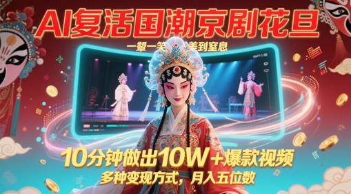 AI复活国潮京剧花旦，一颦一笑美到窒息，10分钟做出10W+爆款视频，多种变现方式，月入五位数-鼎铸网