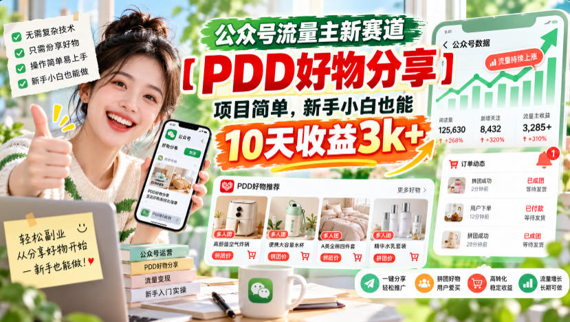 公众号流量主新赛道【PDD好物分享】，项目简单，新手小白也能10天收益3k+-鼎铸网