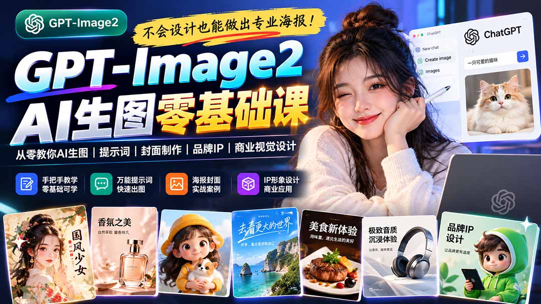 不会设计也能做出专业海报!GPT-Image2从零教你AI生图、提示词、封面制作、品牌IP与商业视觉设计-鼎铸网
