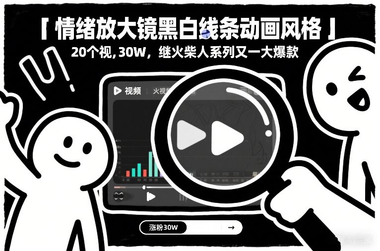 情绪放大镜黑白线条动画风格，20个视频，涨粉30W，继火柴人系列又一大爆款-鼎铸网