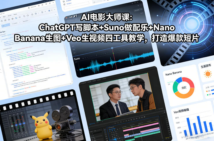 62f77a1567b0ed5884a8b74c35646220.jpeg AI电影大师课:ChatGPT写脚本+Suno做配乐+Nano Banana生图+Veo生视频,打造爆款短片