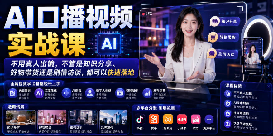 647385513c7a375975bb6e9dc8123b41.jpeg AI口播视频实战课,不用真人出镜,不管是知识分享、好物带货还是剧情访谈,都可以快速落地
