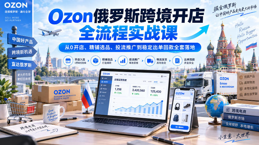 Ozon俄罗斯跨境开店全流程实战课｜从0开店、精铺选品、投流推广到稳定出单回款全套落地-鼎铸网