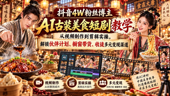 658833a084728f6bc0b805211d28f0f2.jpeg 抖音4W粉丝博主AI古装美食短剧教学,从视频制作到剪辑实操,解锁伙伴计划、橱窗带货、收徒多元变现渠道