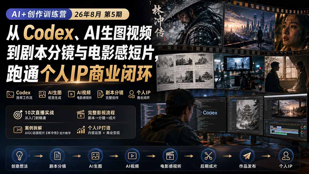 AI+创作训练营26年8月第5期：从Codex、AI生图视频到剧本分镜与电影感短片，跑通个人IP商业闭环-鼎铸网