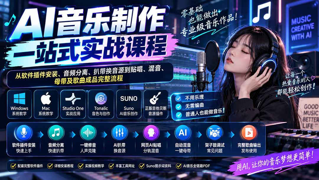 AI音乐制作一站式实战课程：从软件插件安装、音频分离、扒带换音源到贴唱、混音、母带及歌曲成品完整流程-鼎铸网