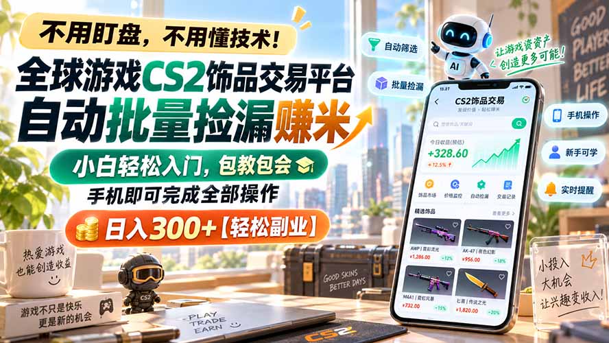 全球游戏CS2饰品交易平台自动批量捡漏赚米,小白轻松入门,包教包会,手机即可完成全部操作,日入300+【轻松副业】-鼎铸网