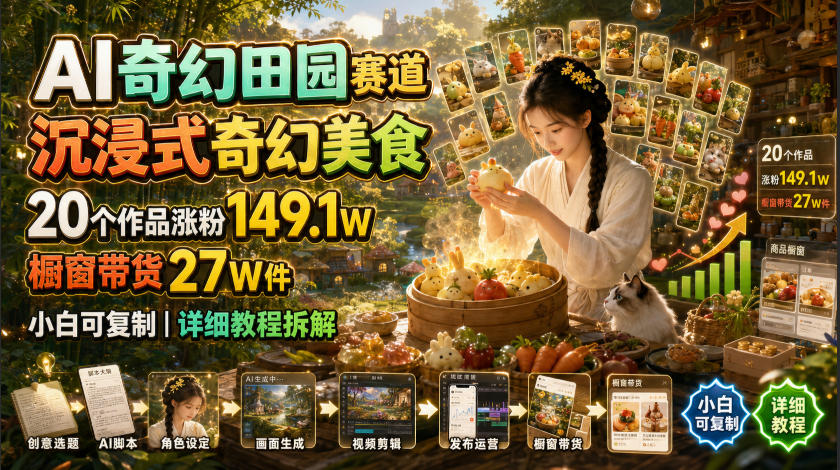 6752eaa29b6928ca5c0a139db18df9dd.jpeg AI奇幻田园赛道,沉浸式奇幻美食,20个作品涨粉149.1W,橱窗带货27W件,小白可复制,详细教程拆解