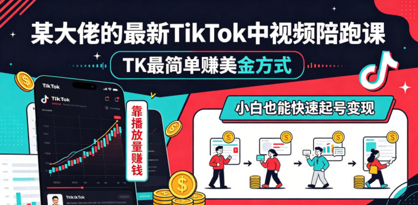 某大佬的最新TikTok中视频陪跑课，TK最简单賺美金方式，靠播放量賺钱，小白也能快速起号变现-鼎铸网