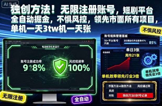 独创方法！无限注册账号，短剧平台全自动掘金，不惧风控，领先市面所有项目，单机一天3张【揭秘】-鼎铸网