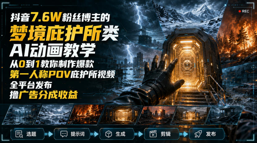 抖音7.6W粉丝博主的梦境庇护所类AI动画教学，从0到1教你制作爆款第一人称POV庇护所视频，全平台发布撸广告分成收益-鼎铸网