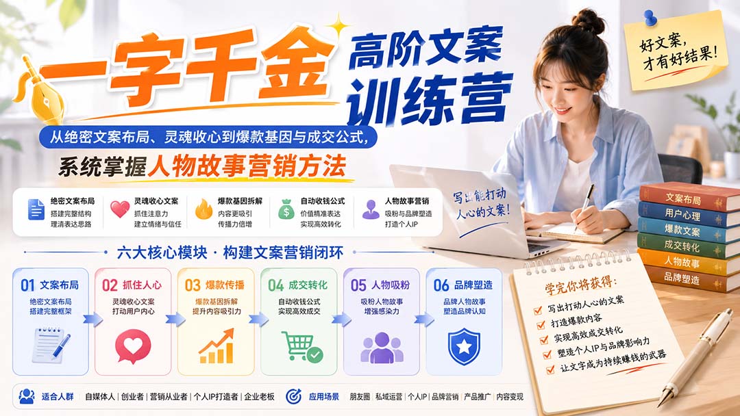 一字千金高阶文案训练营：从绝密文案布局、灵魂收心到爆款基因与成交公式，系统掌握人物故事营销方法-鼎铸网