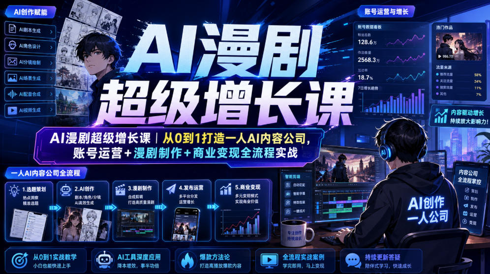 688af6fd51dec30aeff191fd244fea6d.jpeg AI漫剧超级增长课|从0到1打造一人AI内容公司,账号运营+漫剧制作+商业变现全流程实战