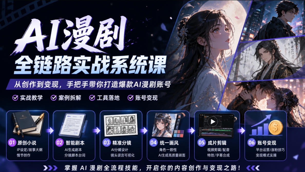 AI漫剧全链路实战系统课｜原创小说、智能剧本、精准分镜、统一画风、成片剪辑、账号变现实操教学(更新1018)-鼎铸网